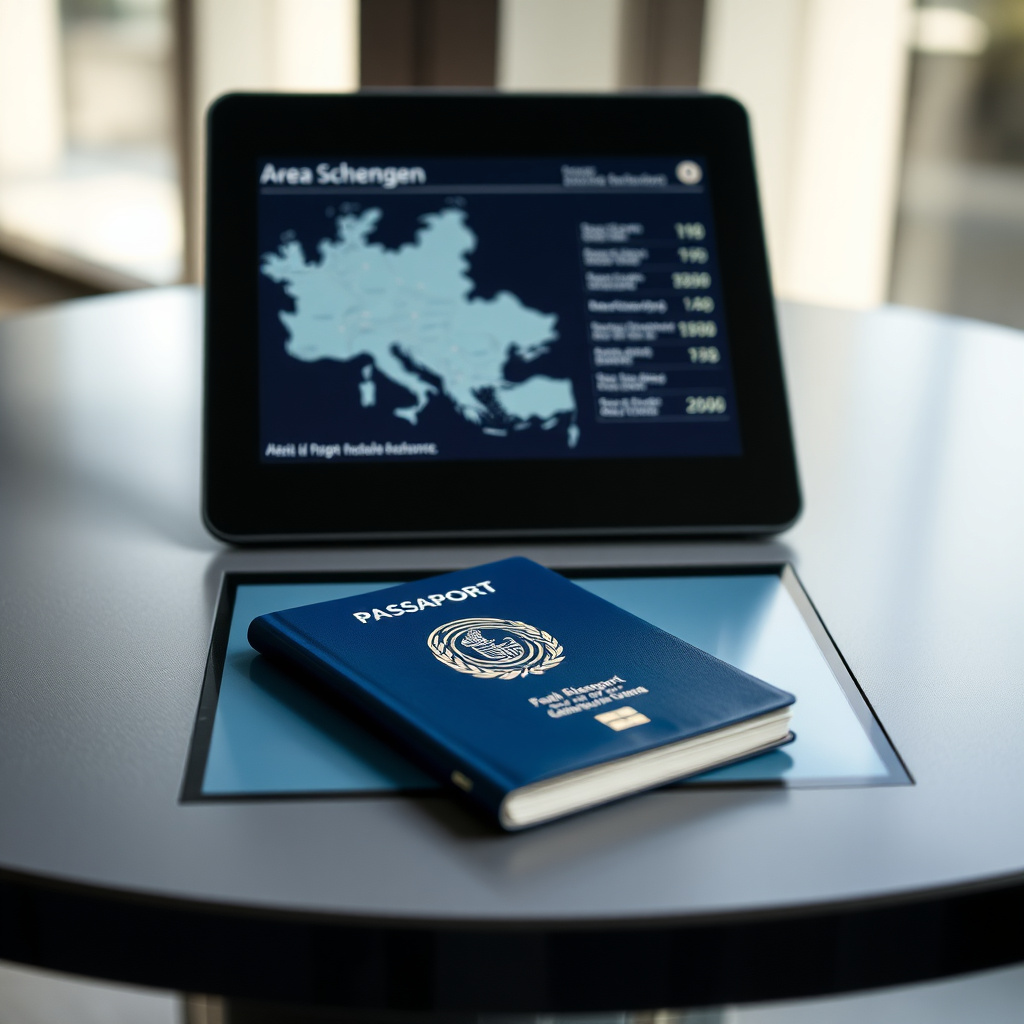 Passaporto e schermo con dati biometrici digitali: simbolo dei nuovi sistemi EES e ETIAS per l'ingresso in area Schengen