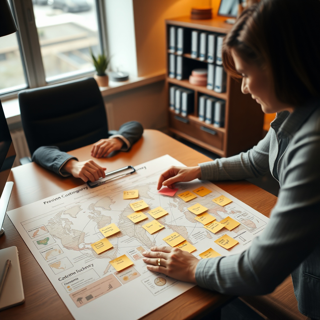 Mappa del customer journey in agenzia di viaggio con touchpoint evidenziati su un piano di lavoro