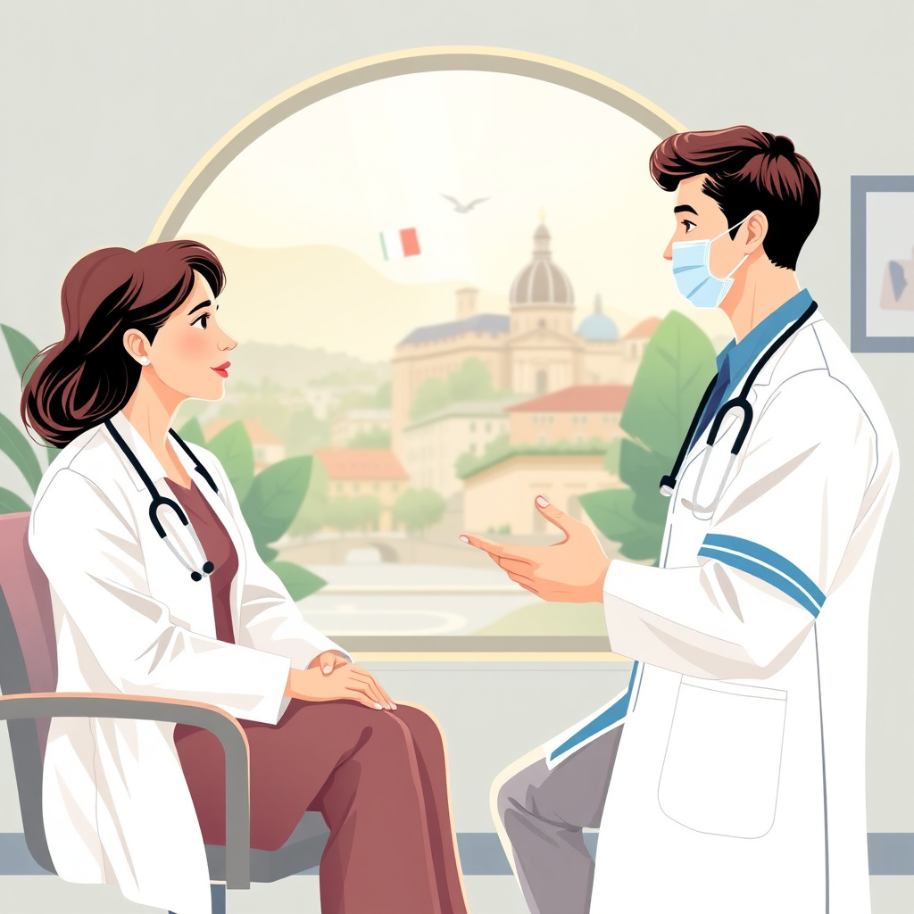 Turismo medico in Italia: paziente internazionale in consulto con uno specialista in una struttura ospedaliera italiana di eccellenza