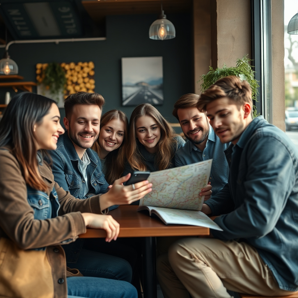 Giovani viaggiatori Millennial e Gen Z che pianificano un viaggio su smartphone e mappa